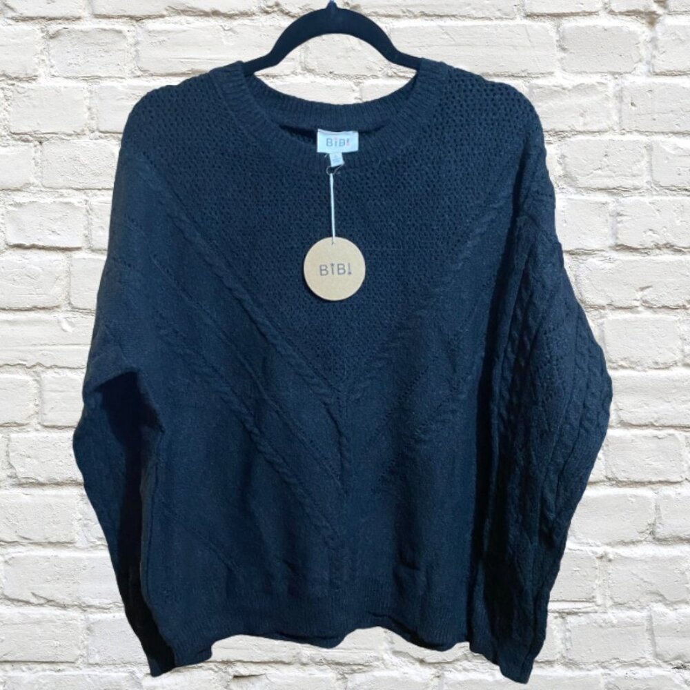 BiBi Women's Black Cable Knit Crew Neck Sweater